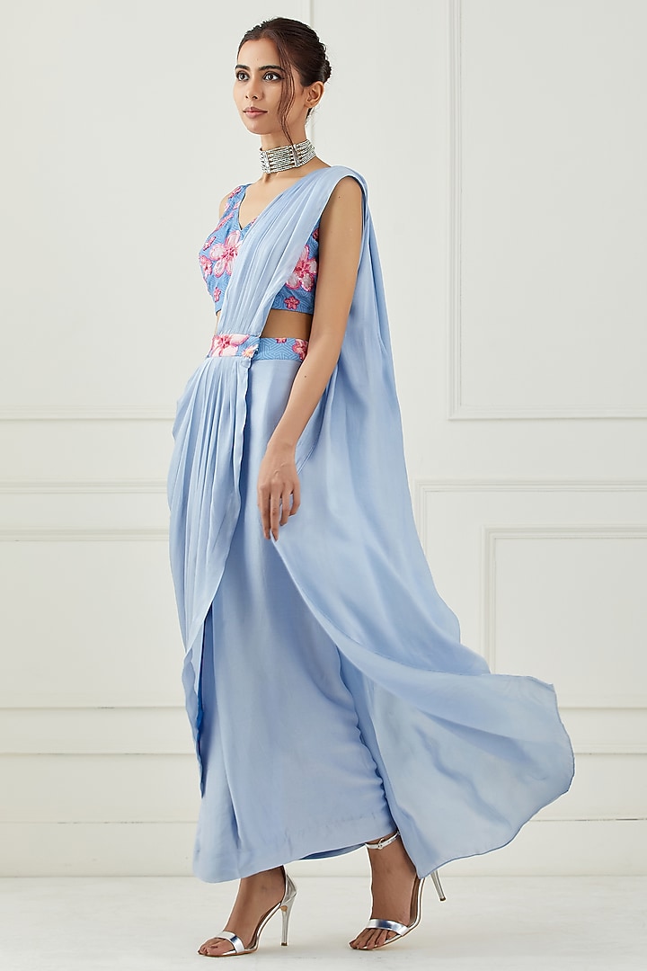 Moon Blue Satin Draped Party Wear Saree Set by Label Nitika at Pernia's Pop Up Shop