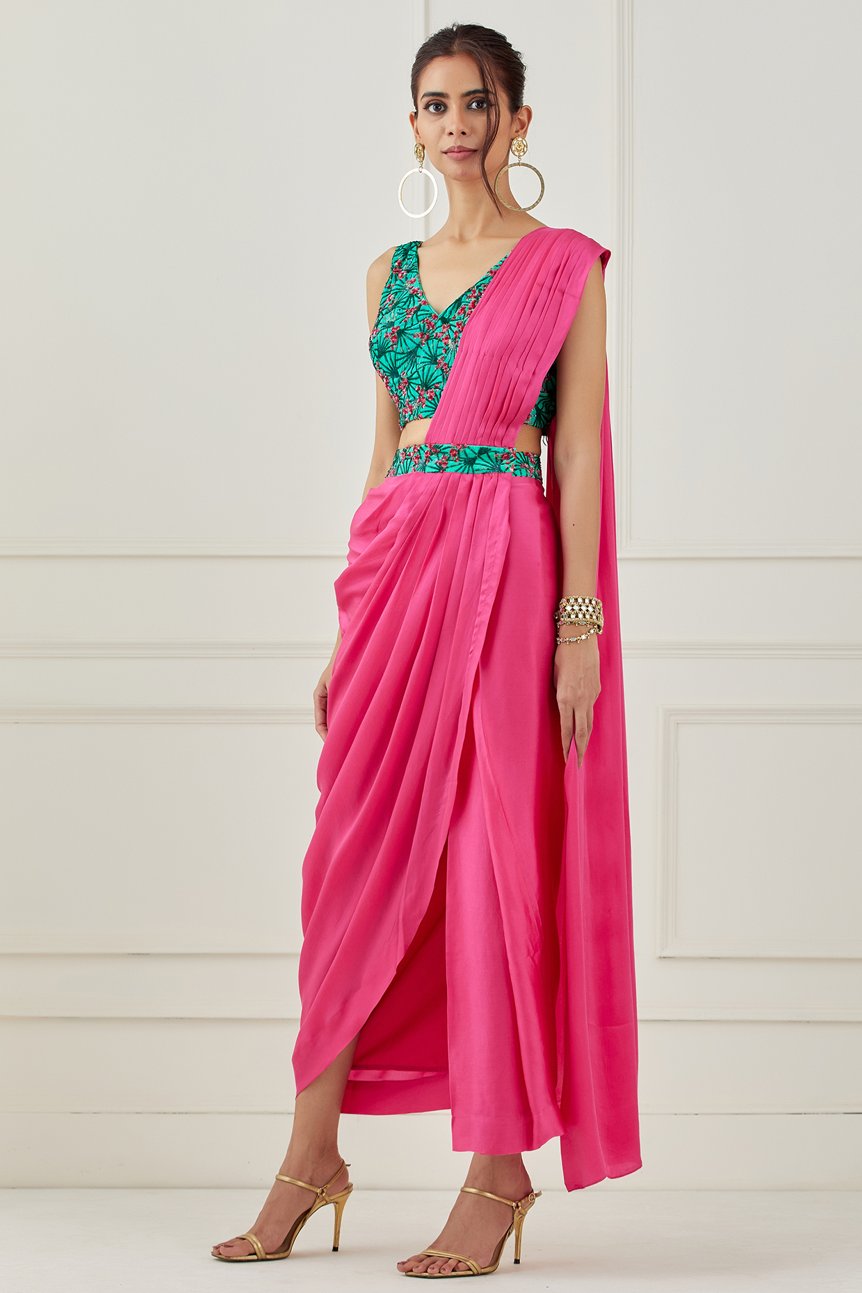 Fuchsia Satin Draped Saree Set by Label Nitika