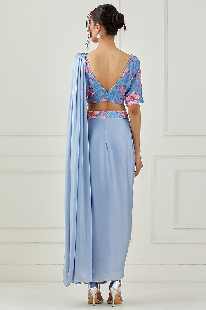 Moon Blue Draped Party Wear Saree Set in Satin by Label Nitika at Pernia's Pop Up Shop