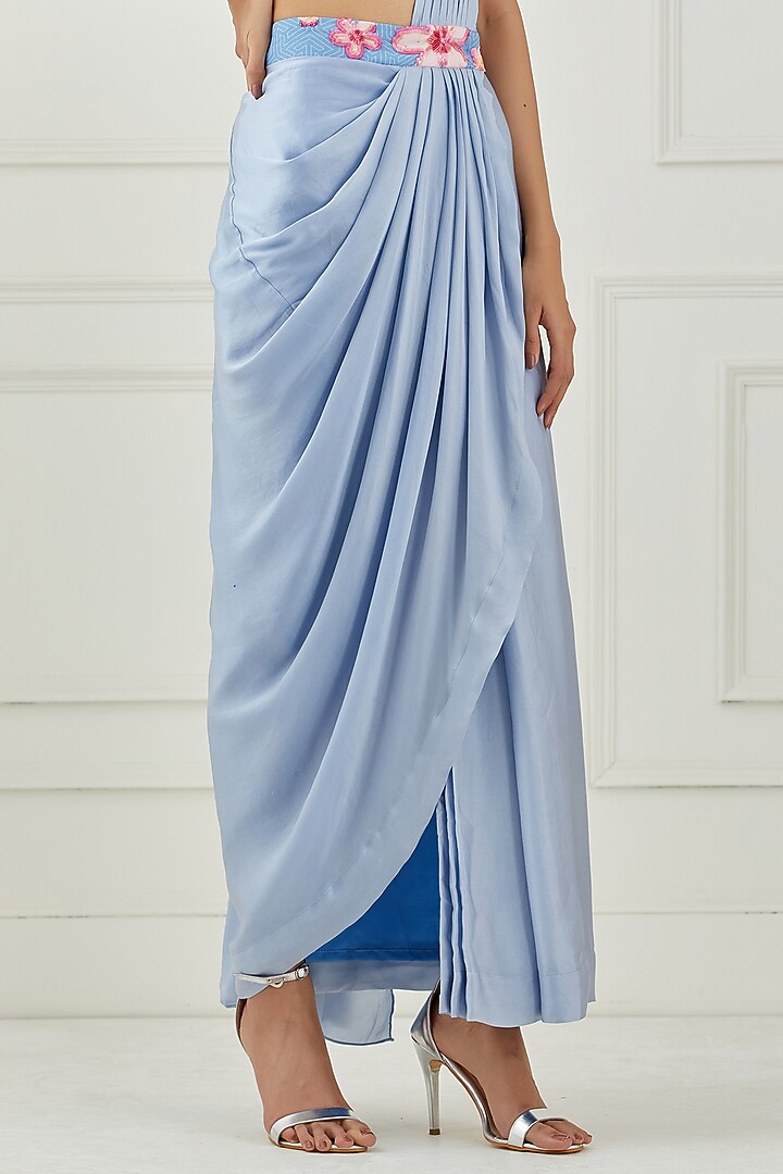 Moon Blue Draped Party Wear Saree Set in Satin by Label Nitika at Pernia's Pop Up Shop