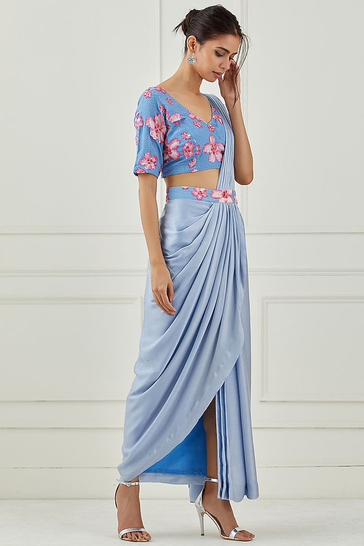 Moon Blue Draped Party Wear Saree Set in Satin by Label Nitika at Pernia's Pop Up Shop
