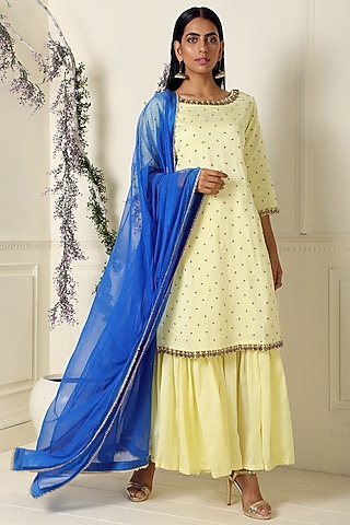 Lemon Yellow Chanderi Gharara Set by Label Nitika