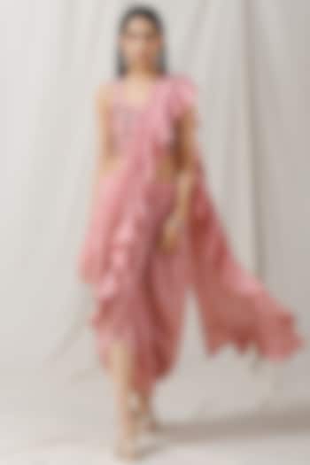 Onion Pink Bamberg Silk Ruffle Draped Saree Set by Label Nitika
