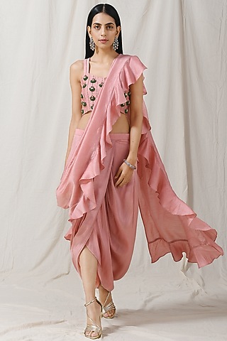 Onion Pink Bamberg Silk Ruffle Draped Saree Set by Label Nitika