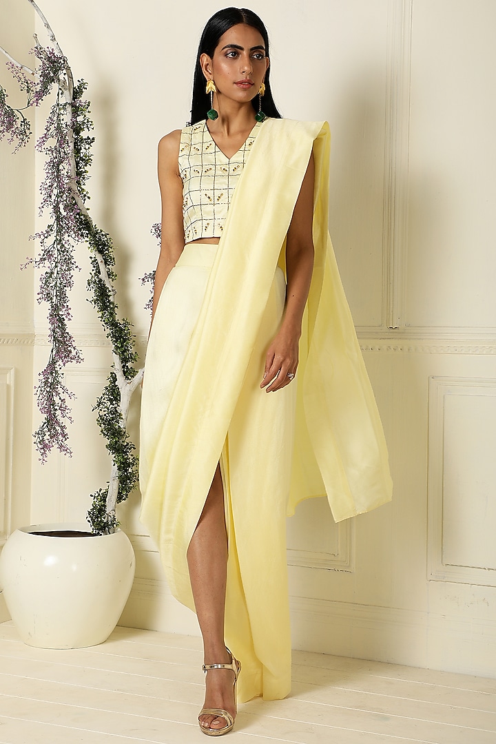 Lemon Yellow Bemberg Silk Pre-Draped Saree Set by Label Nitika