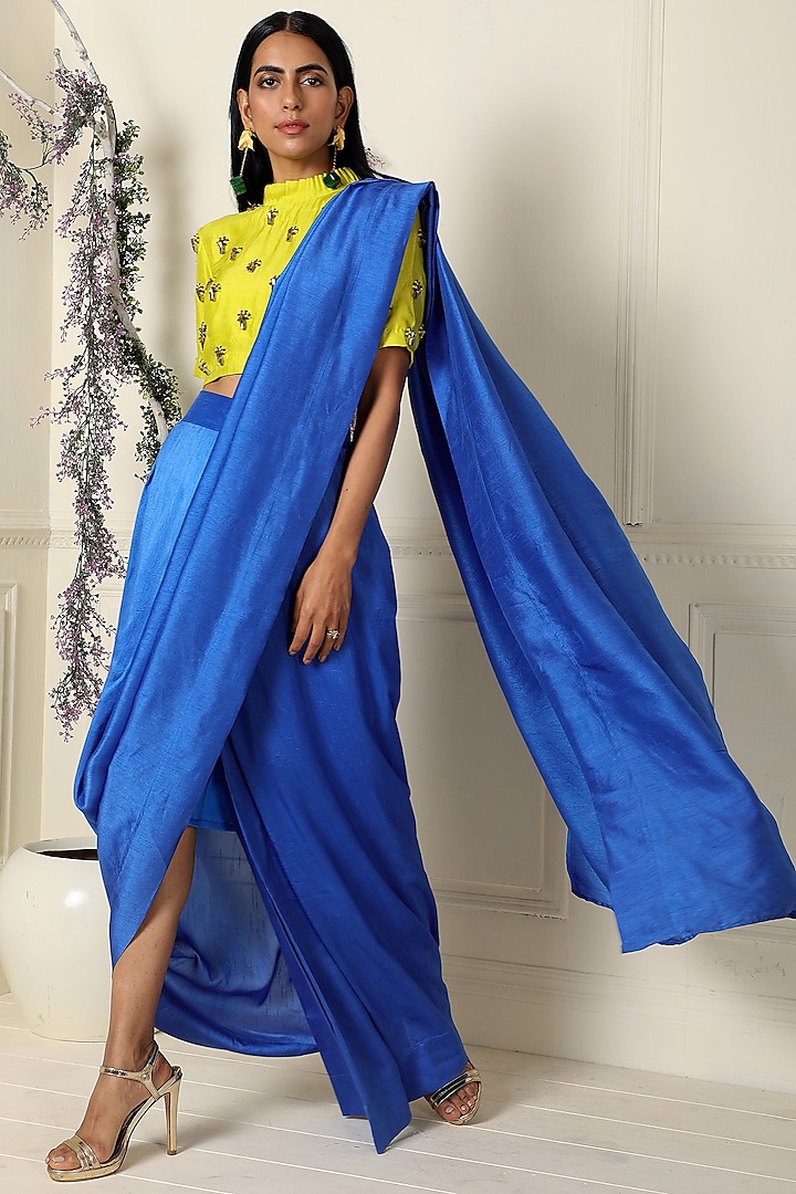 Royal Blue Bamberg Silk Pre-Draped Saree Set by Label Nitika