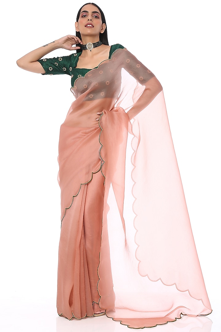 Onion Pink Organza Scalloped Embroidered Saree Set by Label Nitika
