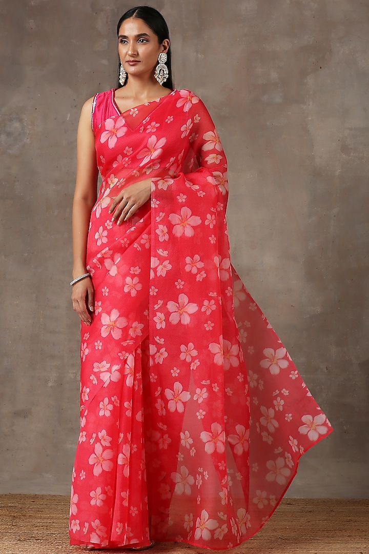 Pink Floral Printed Saree Set by Label Nitika