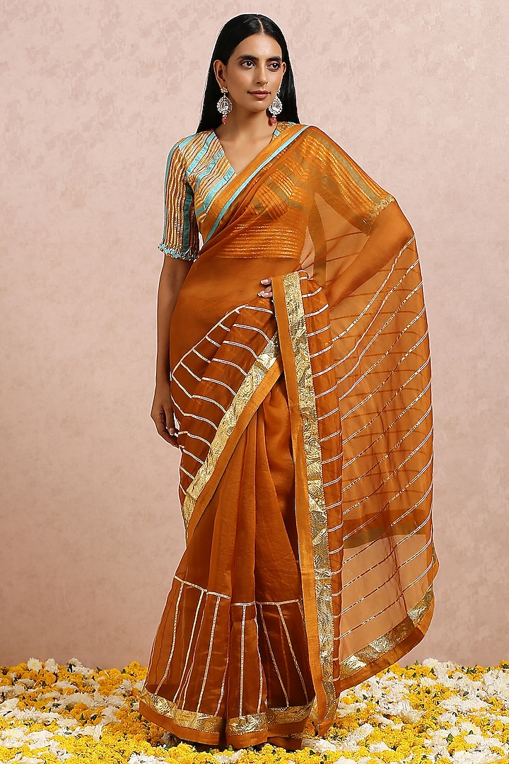 Rust Silk Organza Embellished Saree Set by Label Nitika
