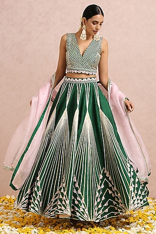 Emerald Green Embroidered Lehenga Set by Label Nitika