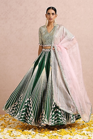 Emerald Green Hand Embroidered Lehenga Set by Label Nitika