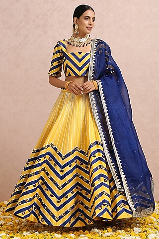 Ink Blue & Lime Embroidered Lehenga Set by Label Nitika