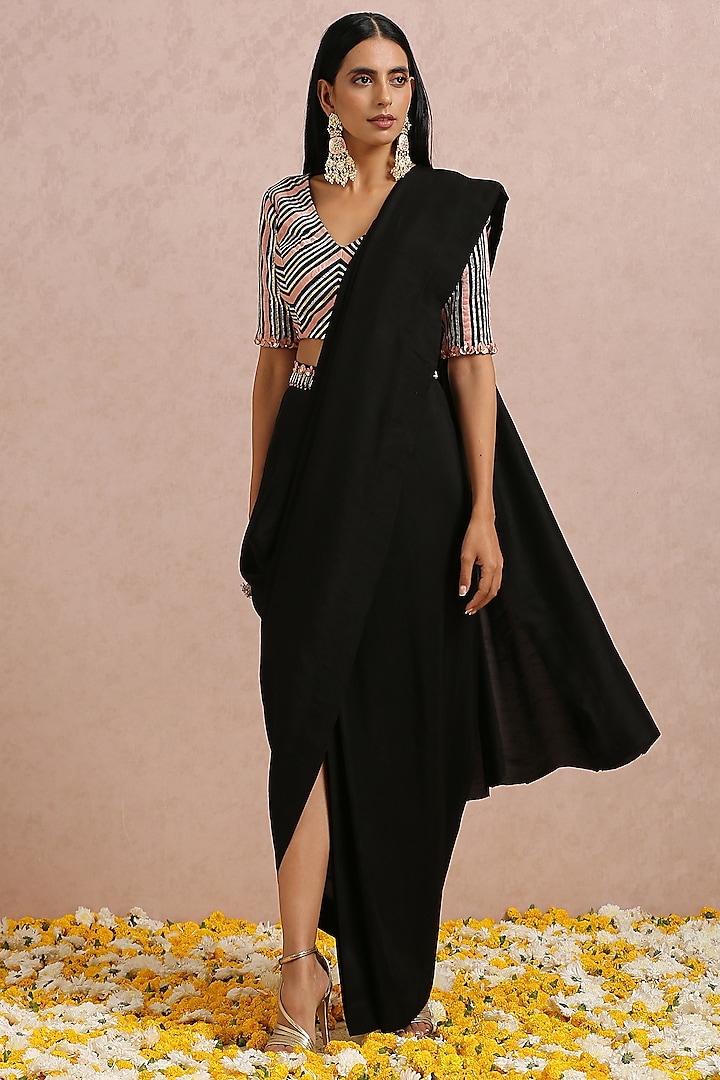 Black Silk Draped Saree Set by Label Nitika