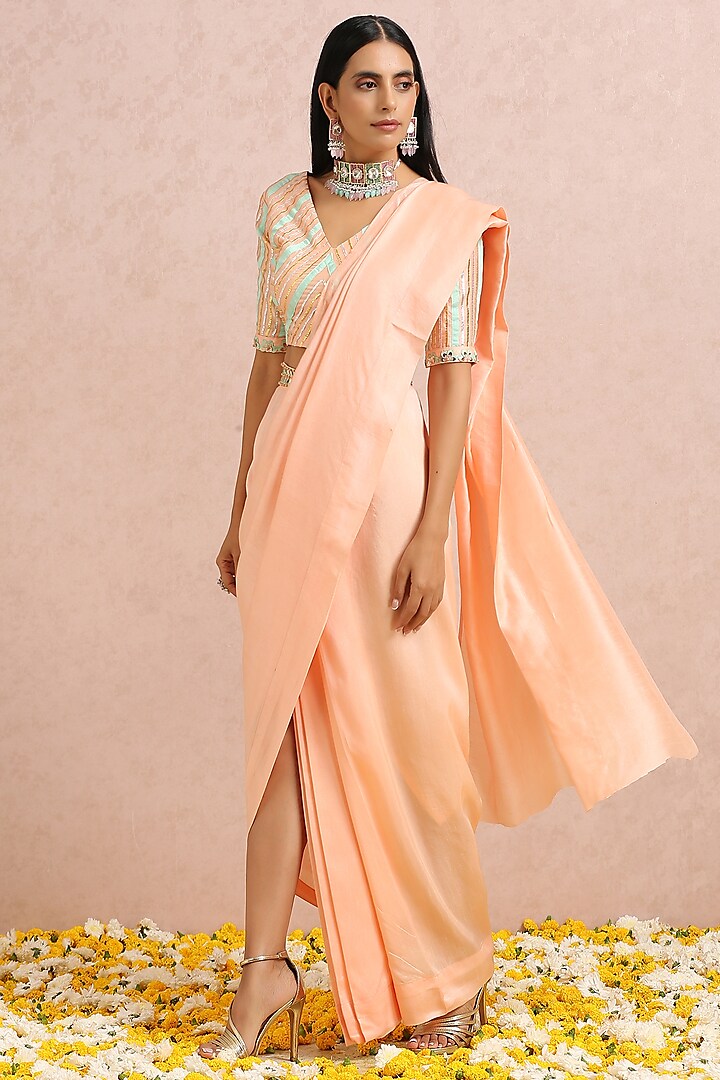 Peach Silk Draped Saree Set by Label Nitika