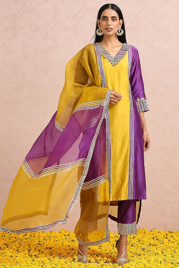 Plum & Golden Yellow Embroidered Kurta Set by Label Nitika at Pernia's Pop Up Shop