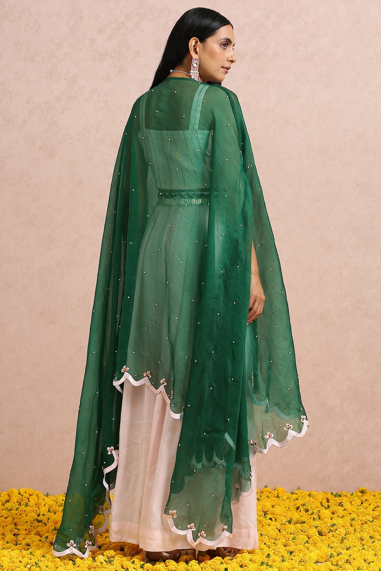 Emerald Green Silk Cape Set Design by Label Nitika at Pernia's Pop