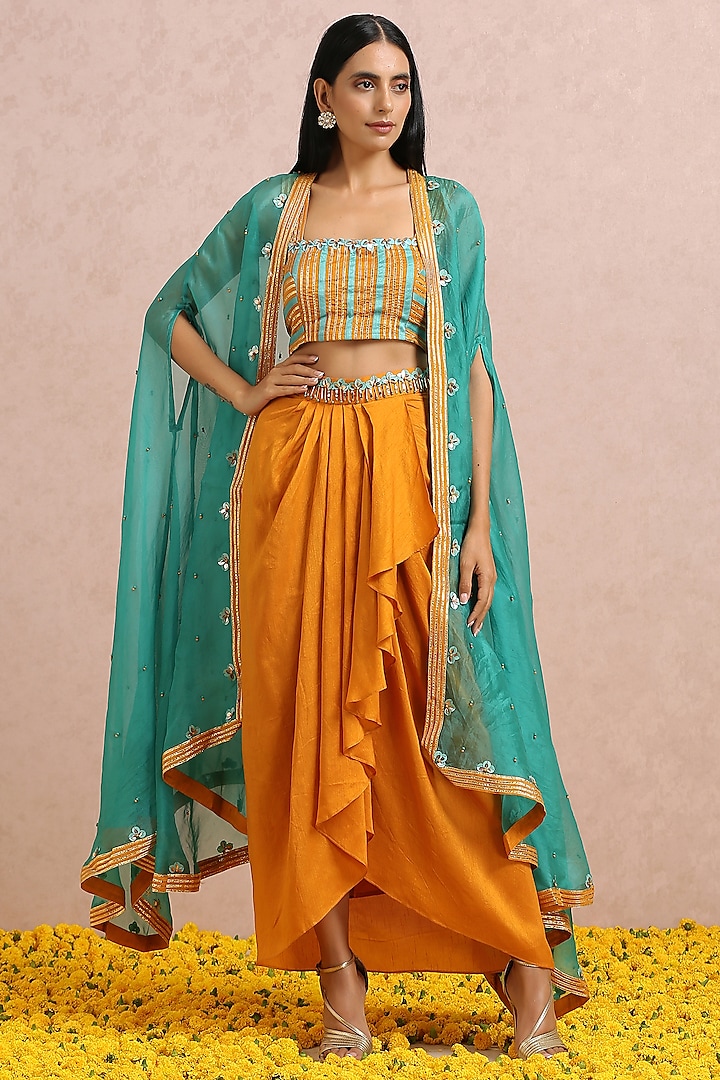 Teal Embroidered Cape Set by Label Nitika