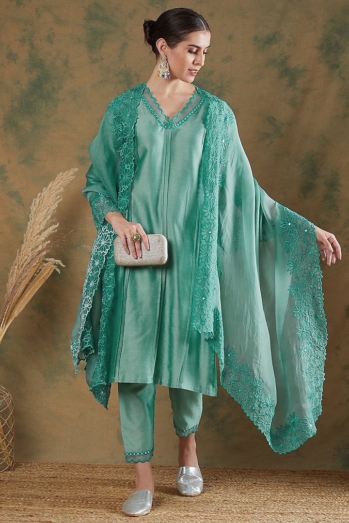 Steel Blue Chanderi Embroidered Kurta Set by Label Nitika at Pernia's Pop Up Shop