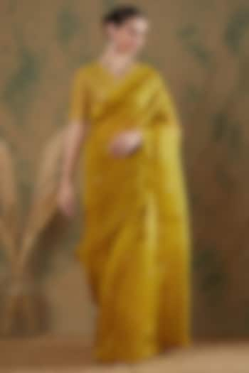 Golden Yellow Silk Organza Mirror Embroidered Saree Set by Label Nitika at Pernia's Pop Up Shop