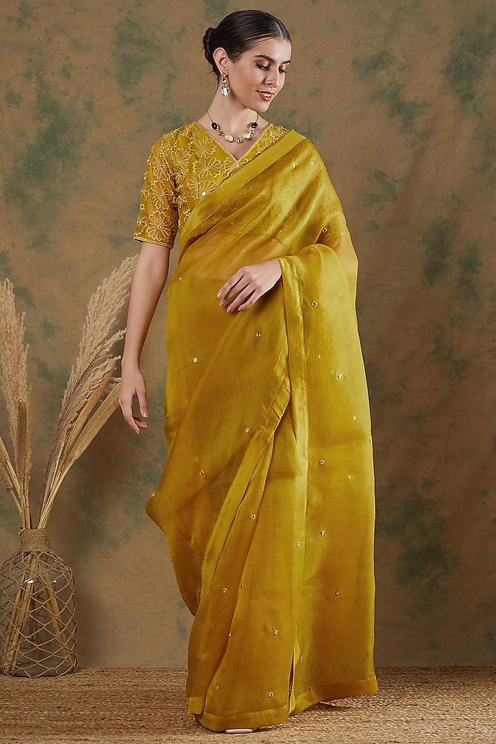 Golden Yellow Silk Organza Mirror Embroidered Saree Set by Label Nitika at Pernia's Pop Up Shop