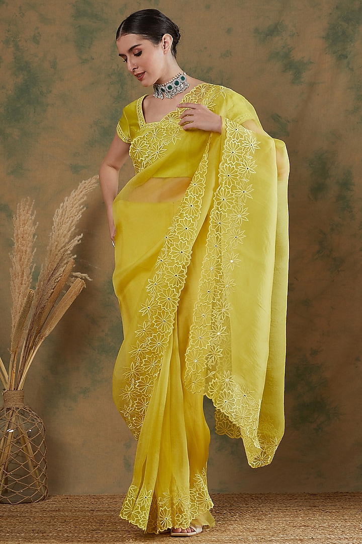 Lime Silk Organza Thread Embroidered Saree Set by Label Nitika at Pernia's Pop Up Shop