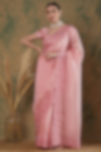 Onion Pink Silk Organza Thread Embroidered Saree Set by Label Nitika at Pernia's Pop Up Shop