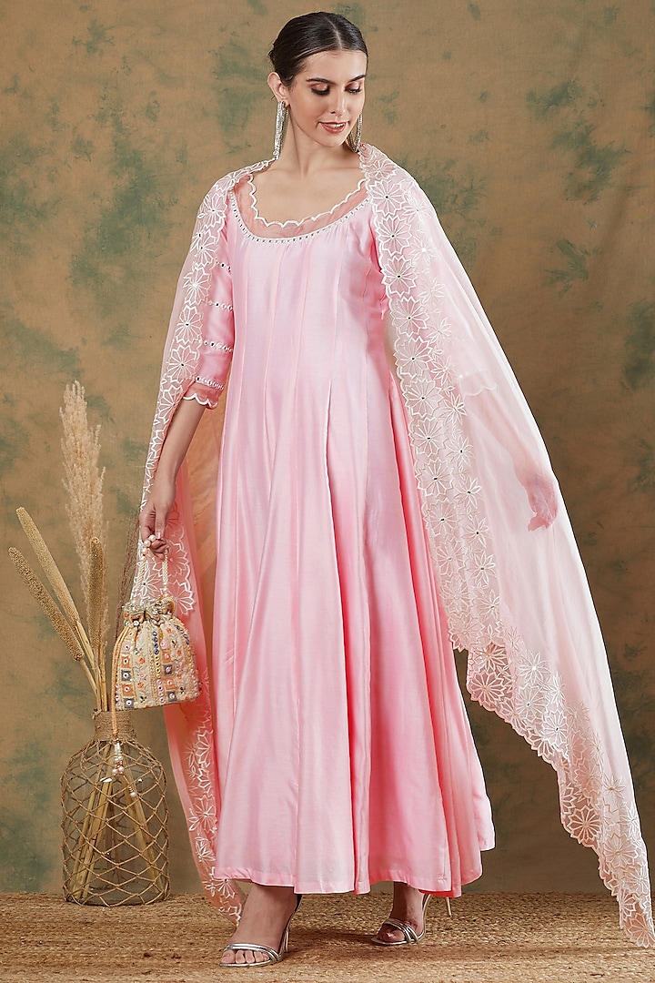 Baby Pink Chanderi Thread & Mirror Embroidered Anarkali Set by Label Nitika at Pernia's Pop Up Shop