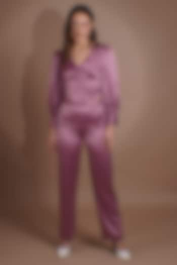 Purple Satin Lycra Pant Set by Label Nupur Gupta