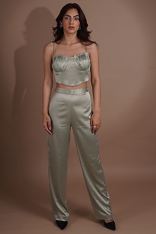 Sage Green Satin Lycra Pant Set by Label Nupur Gupta