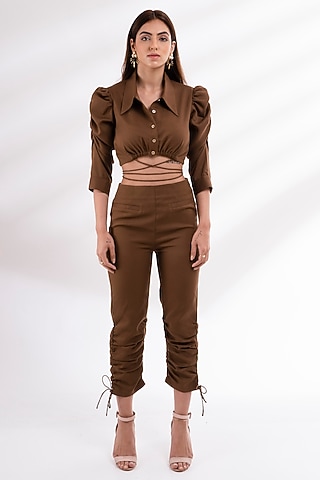 Brown Moss Crepe Pant Set by Label Nupur Gupta