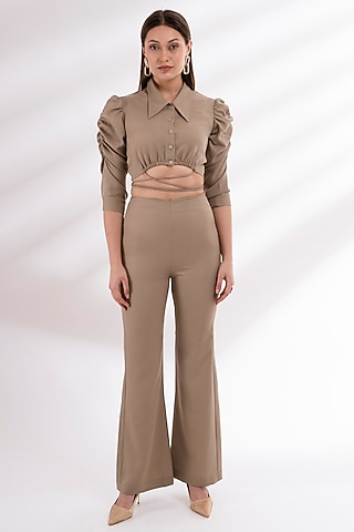 Beige Moss Crepe Bell Bottom Pant Set by Label Nupur Gupta