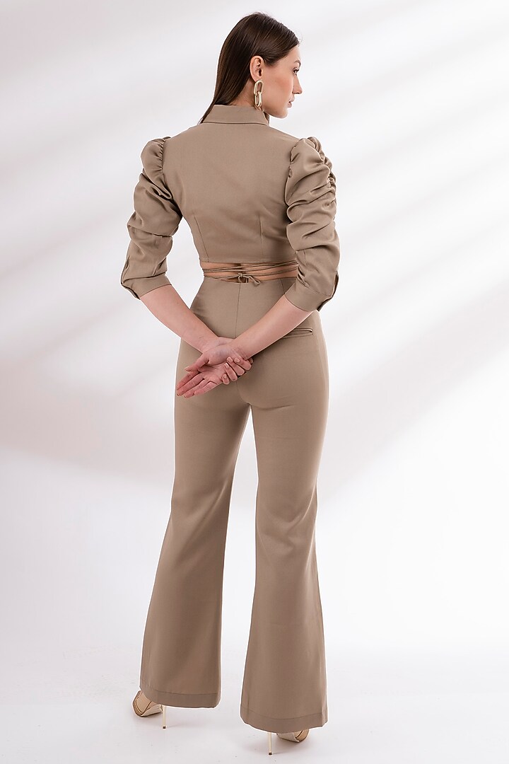 Beige Moss Crepe Bell Bottom Pant Set by Label Nupur Gupta at Pernia's Pop Up Shop