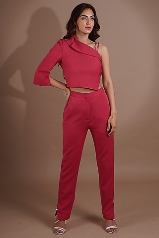 Reddish-Pink Banana Crepe Pant Set by Label Nupur Gupta