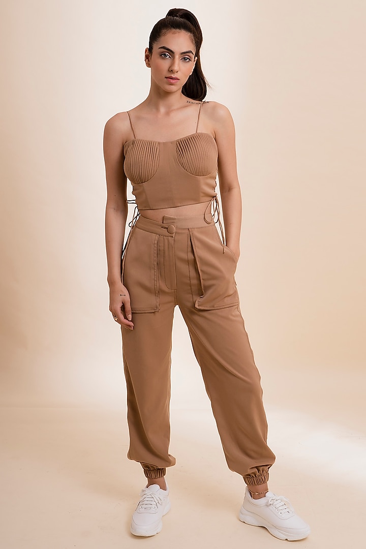 Tan Banana Crepe Jogger Pant Set by Label Nupur Gupta