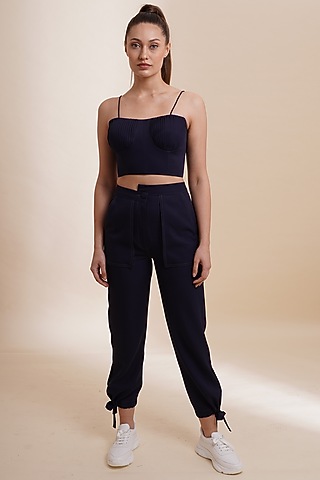 Navy Blue Banana Crepe Jogger Pant Set by Label Nupur Gupta