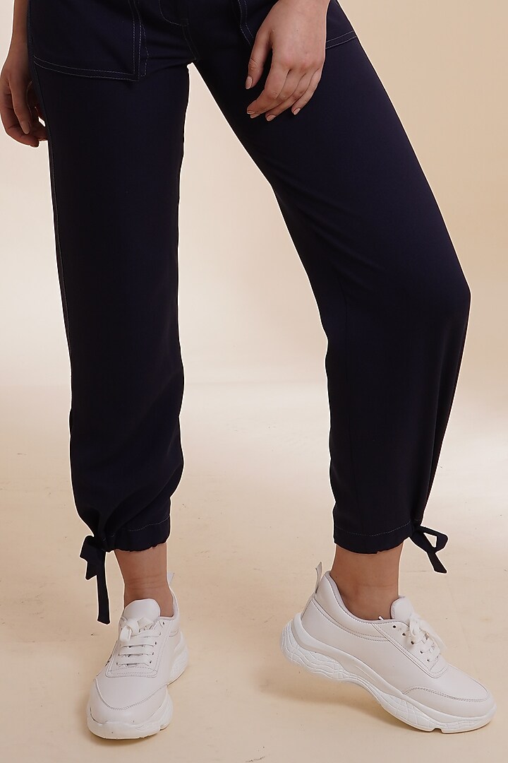 Navy Blue Banana Crepe Jogger Pant Set by Label Nupur Gupta at Pernia's Pop Up Shop