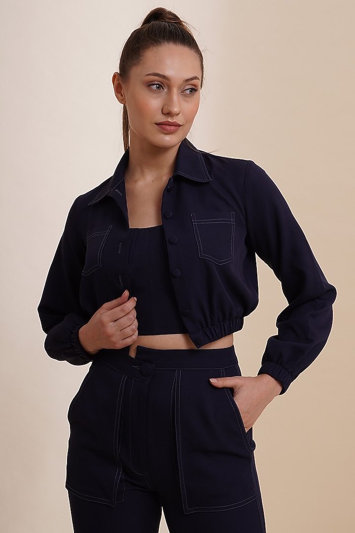 Navy Blue Banana Crepe Jogger Pant Set by Label Nupur Gupta at Pernia's Pop Up Shop