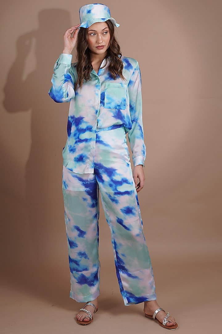 White & Blue Georgette Pant Set by Label Nupur Gupta at Pernia's Pop Up Shop