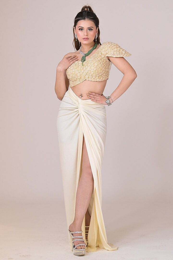 Ivory Lycra Draped Skirt Set by La Pearl at Pernia's Pop Up Shop