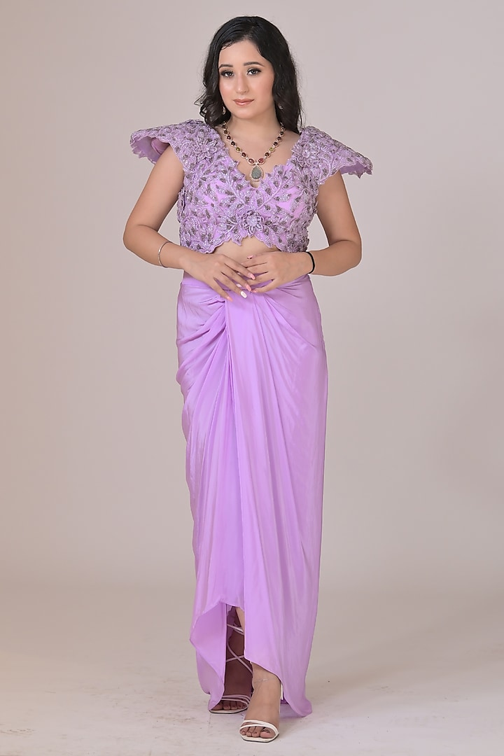 Lilac Crepe Draped Skirt Set by La Pearl at Pernia's Pop Up Shop