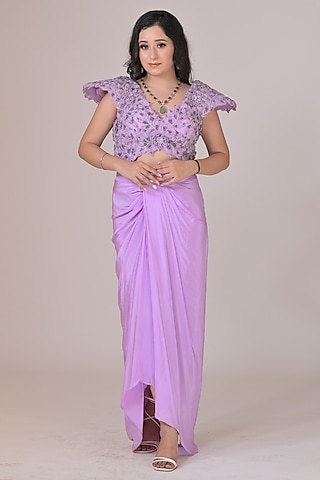 Lilac Crepe Draped Skirt Set by La Pearl