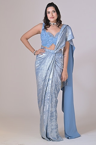 Ice Blue Shimmer Georgette Draped Saree Set by La Pearl