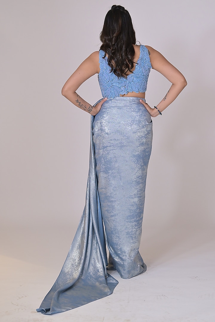 Ice Blue Shimmer Georgette Draped Wedding Saree Set by La Pearl at Pernia's Pop Up Shop