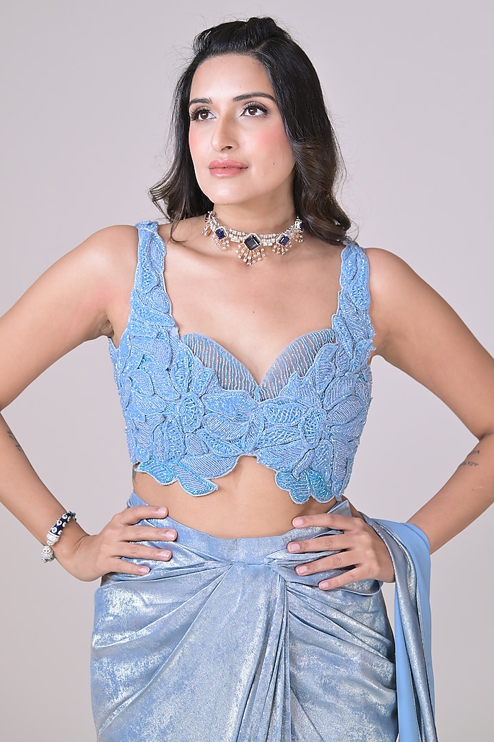 Ice Blue Shimmer Georgette Draped Wedding Saree Set by La Pearl at Pernia's Pop Up Shop