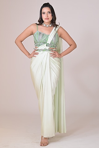 Mint Green Lycra Crystal 3D Work Draped Saree Set by La Pearl