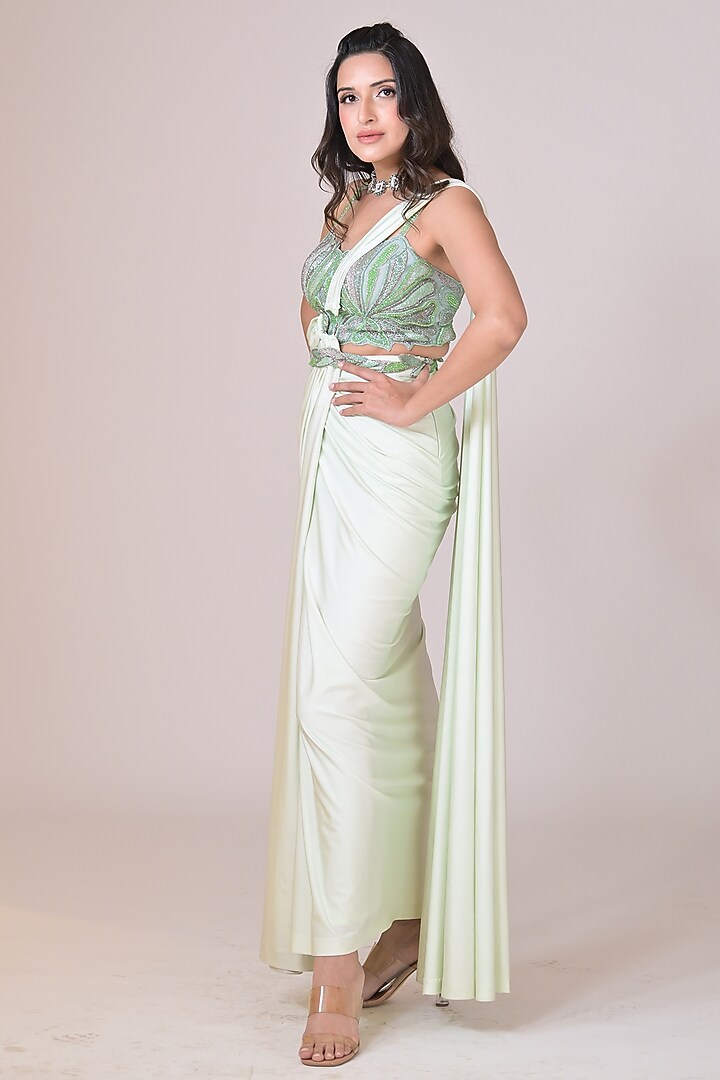 Mint Green Lycra Crystal 3D Work Draped Wedding Saree Set by La Pearl at Pernia's Pop Up Shop