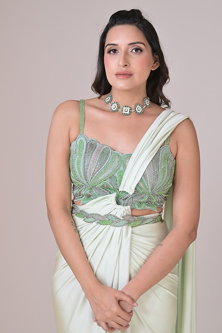 Mint Green Lycra Crystal 3D Work Draped Wedding Saree Set by La Pearl at Pernia's Pop Up Shop