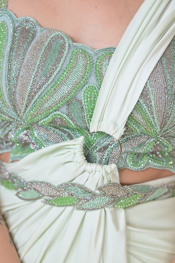 Mint Green Lycra Crystal 3D Work Draped Wedding Saree Set by La Pearl at Pernia's Pop Up Shop