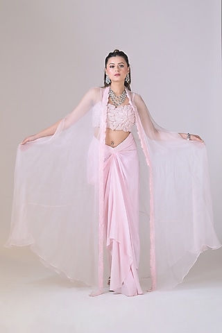 Pink Organza Cutdana Work Cape Set by La Pearl