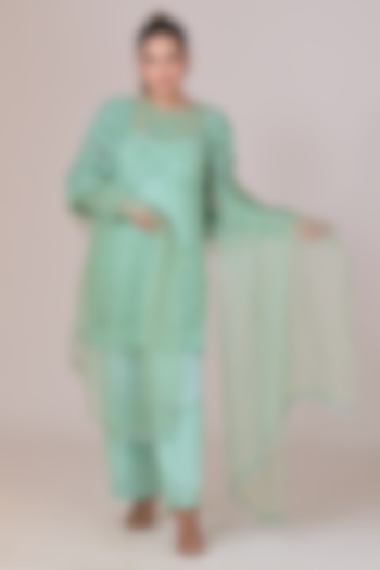 Mint Green Silk Cutdana Embellished Kurta Set by La Pearl at Pernia's Pop Up Shop